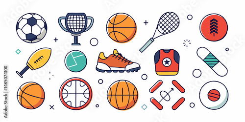 Colorful Line Art Icons of Various Sports Equipment and Trophies