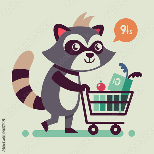 Adorable Raccoon Cartoon Character Pushing Shopping Cart with Groceries