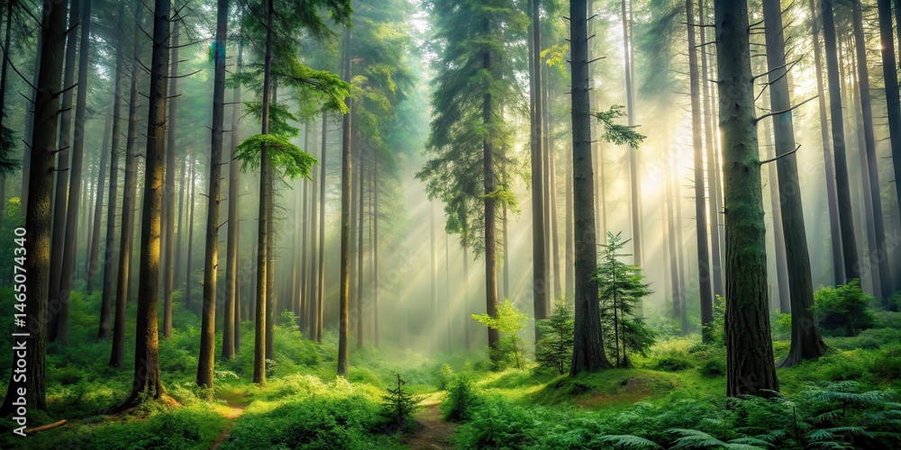 Obraz premium Dense forest with towering trees and a faint misty atmosphere , wilderness, tree, wilderness