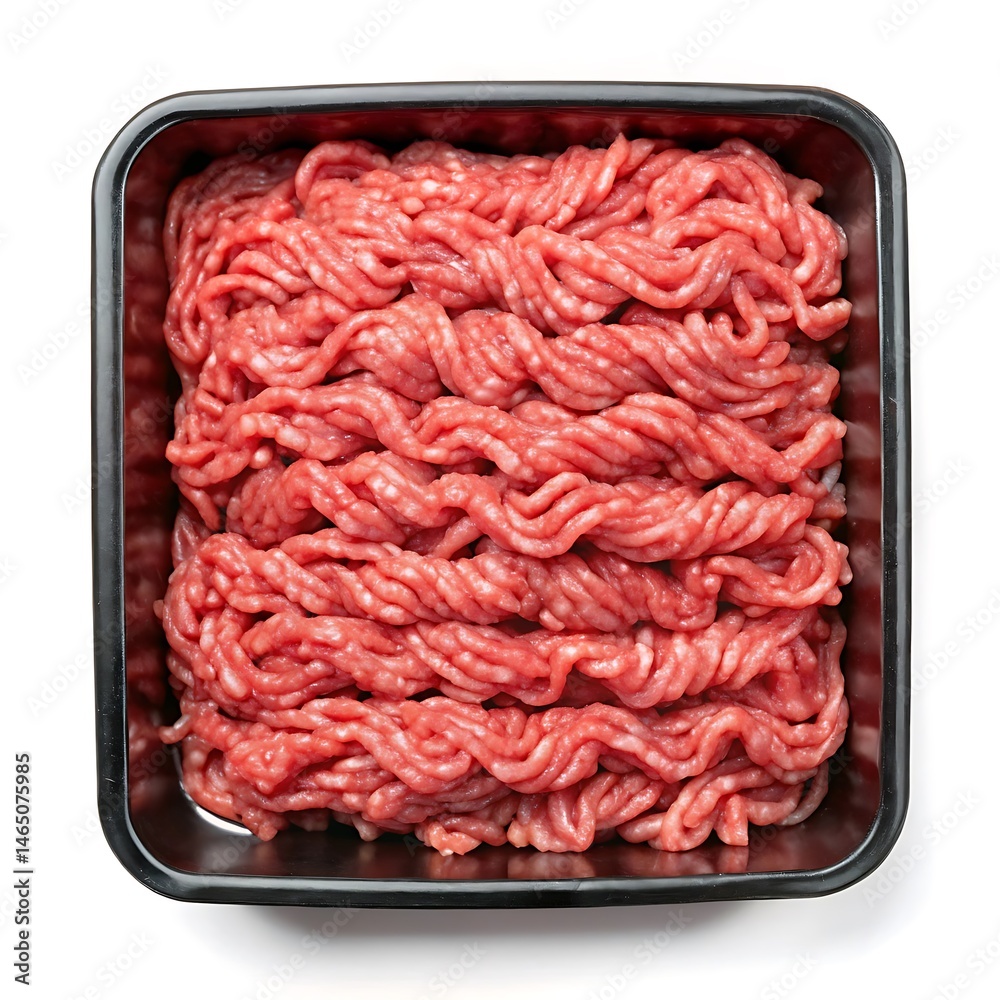 Raw minced meat in a black plastic tray container isolated on white background Raw minced meat in a black plastic tray container isolated on white background