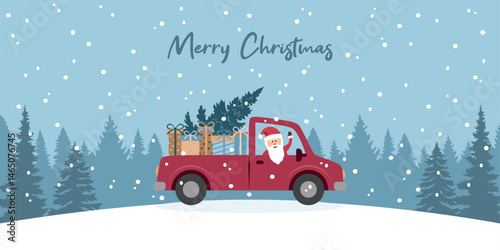 santa sits in a car with christmas tree and gifts on snowy winter landscape vector illustration