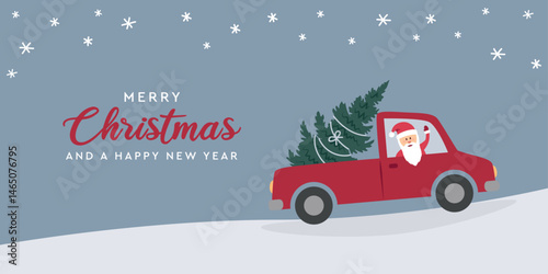 santa sits in a car with christmas tree in snowy winter vector illustration