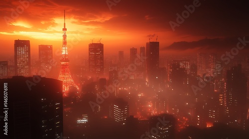 Pink sky over electric Tokyo streetscape high resolution picture