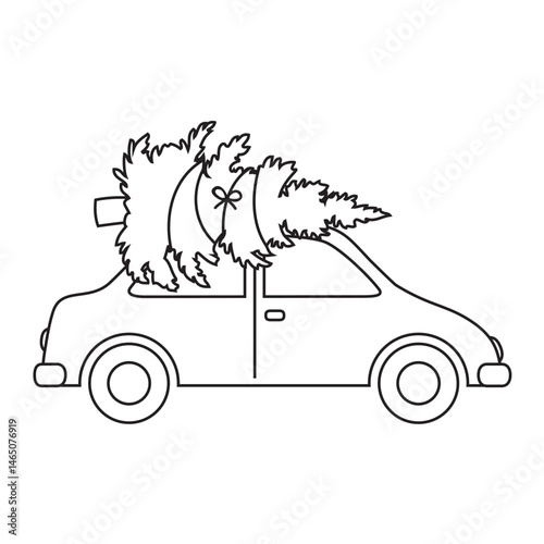 car with christmas tree for coloring book isolated vector illustration