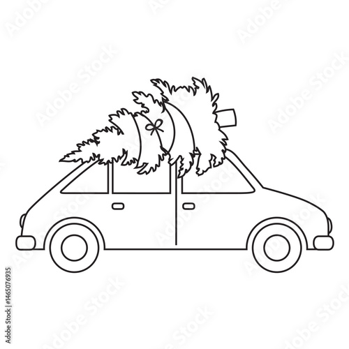 car with christmas tree for coloring book isolated vector illustration