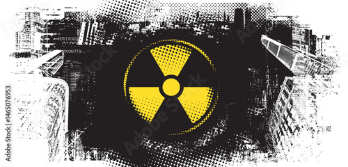Vector banner on the theme of nuclear war, nuclear power plant disaster with a radiation hazard sign and urbanism on a background of cityscape. No AI used
