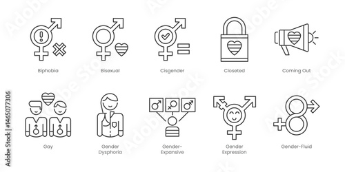 LGBT  Outline Icons Set – Biphobia, Bisexual, Cisgender, Closeted, Coming Out, Gay, Gender Dysphoria, Gender Expression, Gender Identity, Gender Non-Conforming, Editable Stroke.