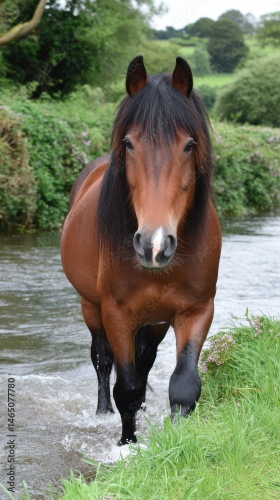 Obraz premium Beautiful Chestnut Horse Wading Through Water with Lush Greenery in the Background A Tranquil Scene of Nature and Wildlife