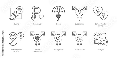 LGBT  Outline Icons Set – Outing, Pansexual, Queer, Questioning, Same-Gender Loving, Sex Assigned At Birth, Lgbt Center, Lgbt Icons, Sexual Orientation, Social Media, Editable Stroke.