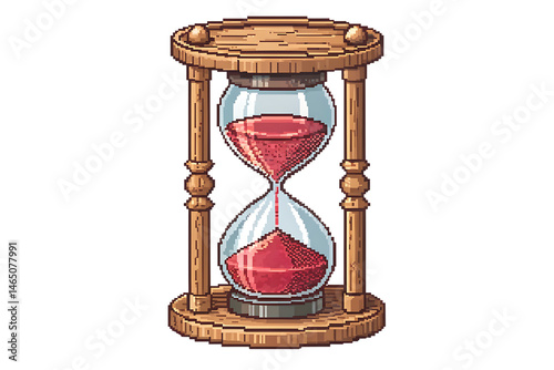 A pixel art illustration of an hourglass with red sand on a black background in a simple style