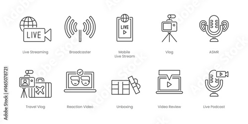 Live Streaming  Outline Icons Set – Broadcaster, Live Streaming, Asmr, Mobile Live Stream, Reaction Video, Travel Vlog, Unboxing, Video Review, Vlog, Live Gaming, Editable Stroke.