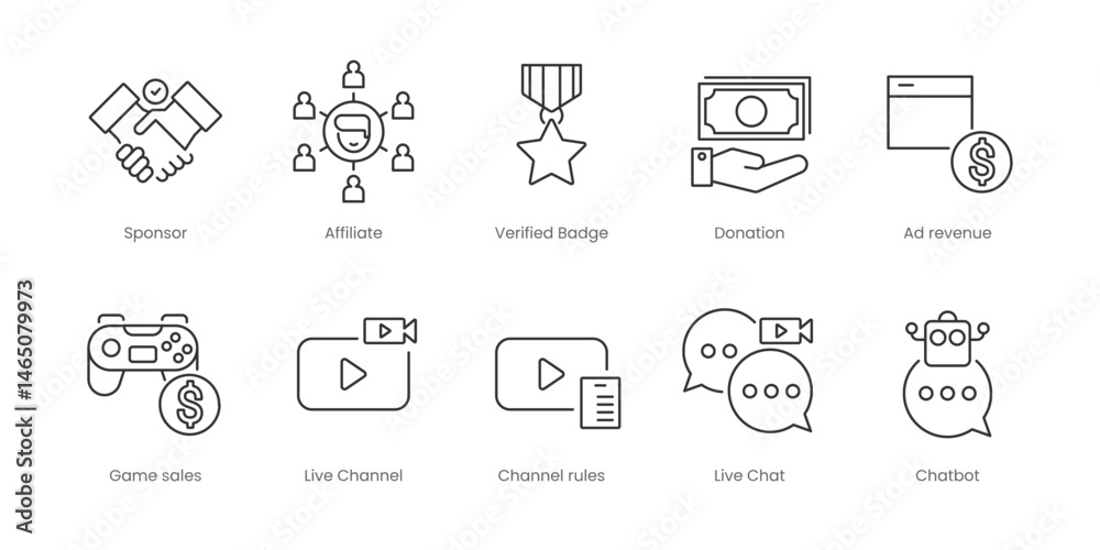 Live Streaming Outline Icons Set – Affiliate, Donation, Game Sales, Lurkers, Sponsor, Verified Badge, Bitrate, Channel Rules, Chatbot, Emotes, Editable Stroke. Live Streaming Outline Icons Set – Affiliate, Donation, Game Sales, Lurkers, Sponsor, Verified Badge, Bitrate, Channel Rules, Chatbot, Emotes, Editable Stroke.