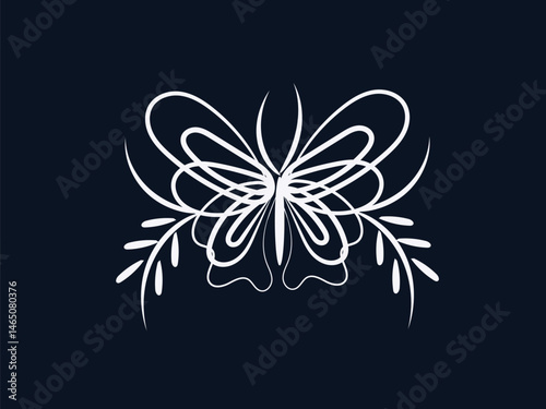 Elegant White Butterfly Line Art Design with Delicate Floral Accents on Dark Blue Background