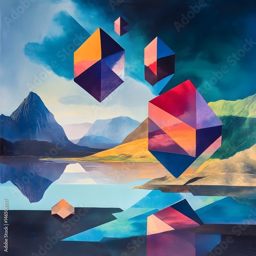 Abstract Vision of Geometric Shapes in Vibrant Colors Hovering Over a Surreal Terrain, abstract geometric background