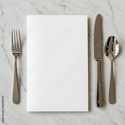 A blank white menu card is placed on a marble surface with a fork, knife, and spoon around it