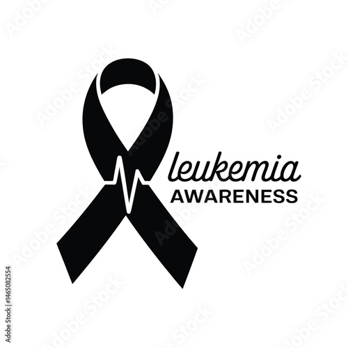 Leukemia Awareness Ribbon: A poignant illustration featuring a black ribbon adorned with a heartbeat line, symbolizing support for leukemia awareness, in monochrome.