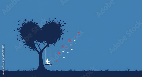 Silhouette of a person swinging on a tree with heart-shaped foliage.