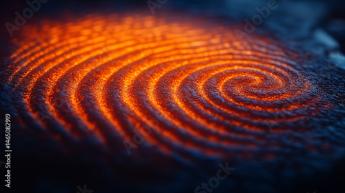 Glowing spiral pattern with orange light effect against dark blue background, abstract digital concept for data visualization and technological innovation