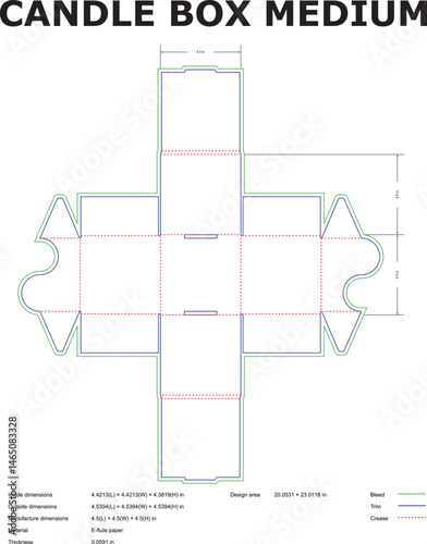 Detailed vector diagram of a medium-sized candle box design featuring dimensions and manufacturing specifications for printing.