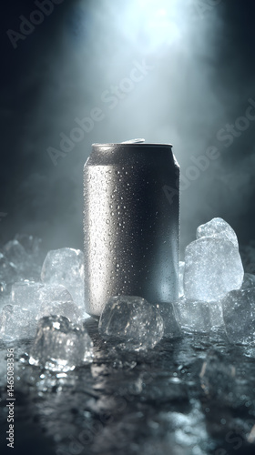 Chilled Beverage Delight: A pristine metallic can sits atop a bed of glistening ice cubes, droplets of condensation clinging to its surface, inviting you to a moment of refreshing coolness.