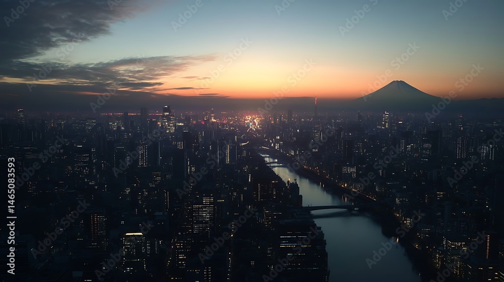 Fototapeta premium Sunset behind Tokyo skyline with golden lights view high resolution picture