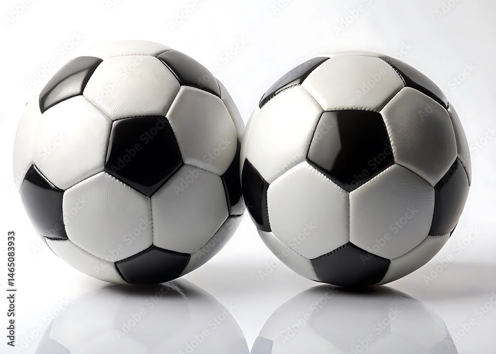 Two soccer balls are positioned side by side against a plain isolated on white background Two soccer balls are positioned side by side against a plain isolated on white background