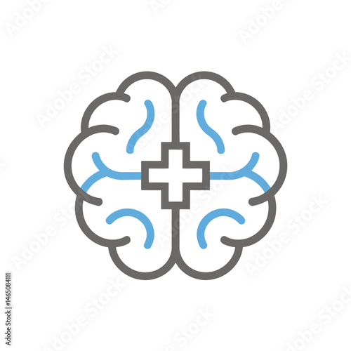 Brain Health Icon: A simple yet powerful icon depicting a human brain with a plus sign within, representing the concept of mental well-being, cognitive health, and positive brain function.