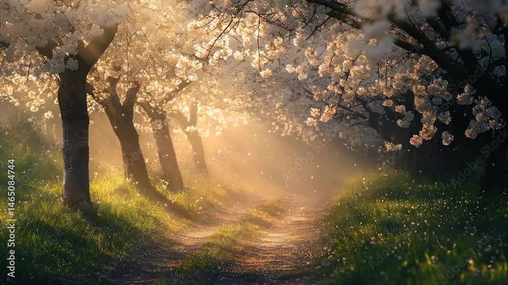 Spring blossoms, sunlit path through trees