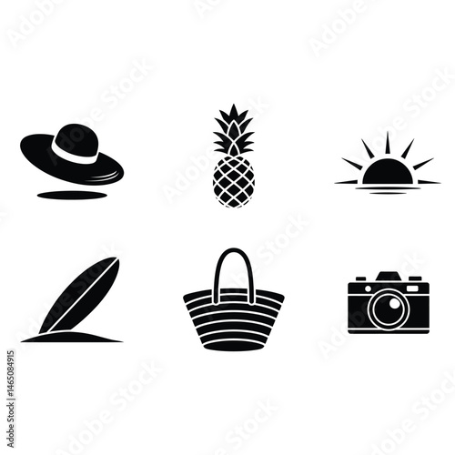Summer Essentials: A collection of iconic summer essentials is presented in a clean, graphic style, capturing the essence of leisure and vacation vibes.