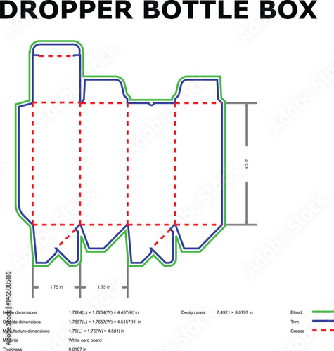 Vector diagram blueprint illustration for a dropper bottle box packaging design with dimensions and measurements for print.