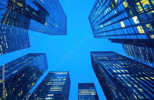 Urban skyline at twilight, viewed from below.  Modern skyscrapers pierce a clear blue sky, illuminated by interior lights