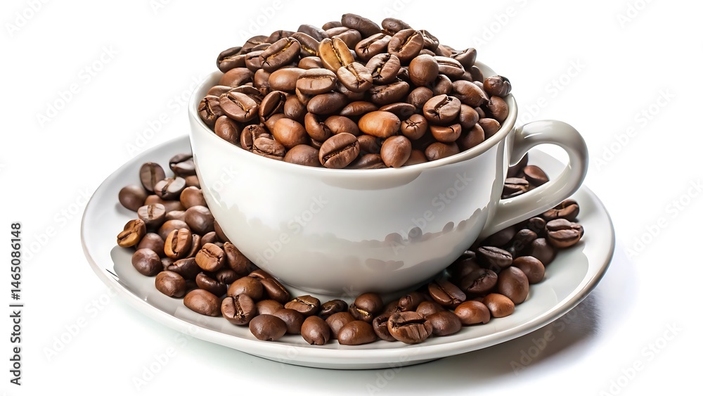 Fototapeta premium White cup with roasted coffee beans isolated on white background