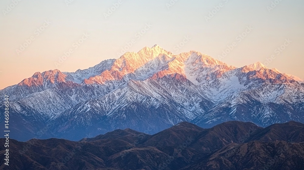 Sunrise over snow-capped mountain range with rocky ridges and golden light on icy cliffs Sunrise over snow-capped mountain range with rocky ridges and golden light on icy cliffs