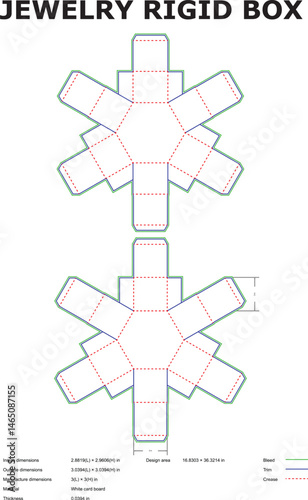 Vector illustration of a jewelry rigid box die cut template with measurements and specifications for precise packaging designs.