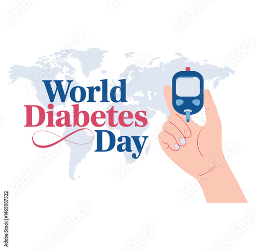World Diabetes Day: Conceptual image for World Diabetes Day, depicting a human hand holding a glucose meter, with the world map subtly in the background.  A visual representation of global awareness.