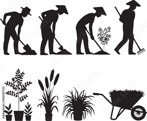 Gardener with Watering Can Silhouette

Garden Tools and Plants Vector Design

Woman Planting Flowers Silhouette

Gardening Scene with Raised Beds Art

Spring Garden Work Silhouette