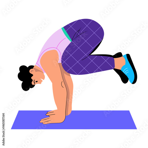 A flat style illustration showing a character doing crow pose 