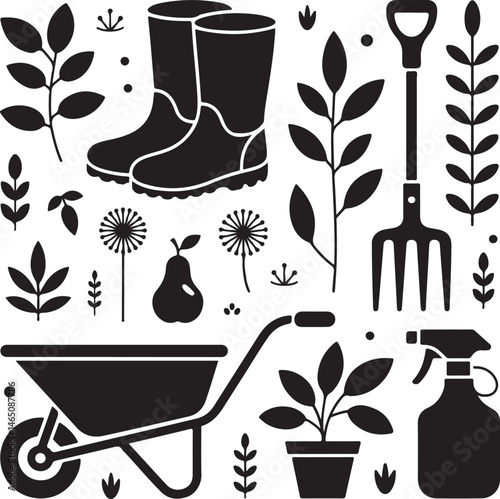Gardener with Watering Can Silhouette

Garden Tools and Plants Vector Design

Woman Planting Flowers Silhouette

Gardening Scene with Raised Beds Art

Spring Garden Work Silhouette