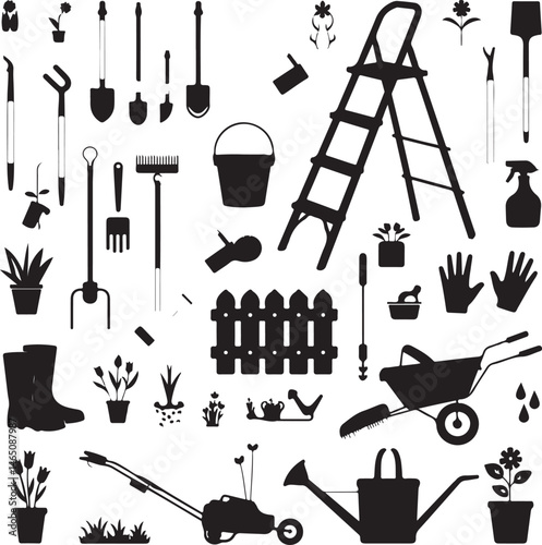 Gardener with Watering Can Silhouette

Garden Tools and Plants Vector Design

Woman Planting Flowers Silhouette

Gardening Scene with Raised Beds Art

Spring Garden Work Silhouette