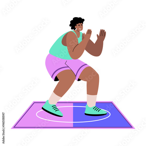 A flat style illustration showing a character doing squat exercise