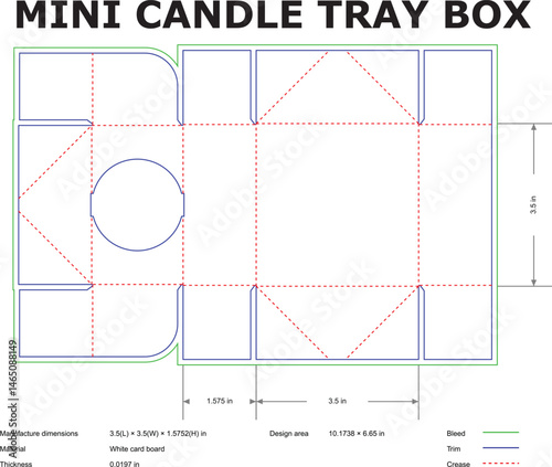 Detailed technical diagram of a mini candle tray box with measurements suitable for packaging manufacturing design
