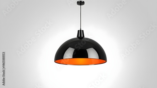 Modern Pendant Lamp with Glossy Black Finish and Bright Orange Interior