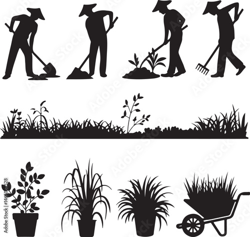 Gardener with Watering Can Silhouette

Garden Tools and Plants Vector Design

Woman Planting Flowers Silhouette

Gardening Scene with Raised Beds Art

Spring Garden Work Silhouette