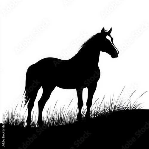 Silhouette of a horse standing in grass with a white background in a black and white illustration. silhouette of a horse