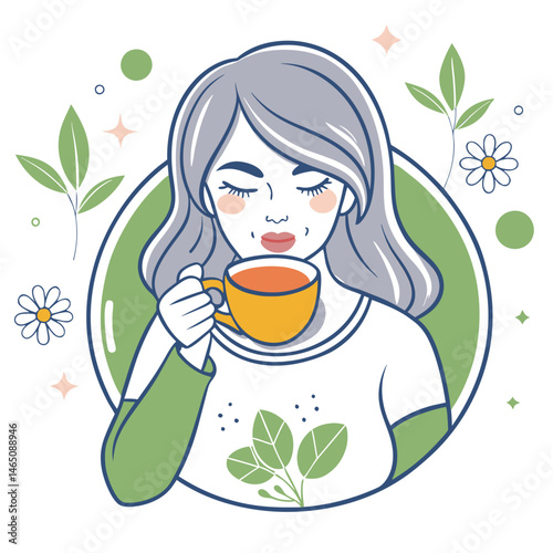 Relaxed woman sipping tea with cozy blanket, slow living and mindfulness break