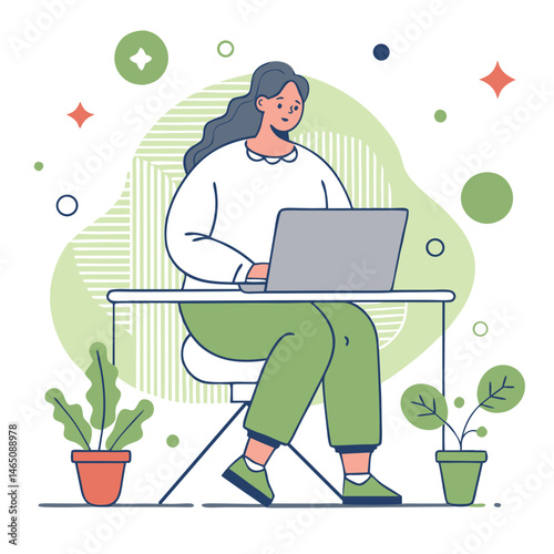 Focused woman working on laptop at home office - remote job and digital productivity. The problem of excess weight with a sedentary job