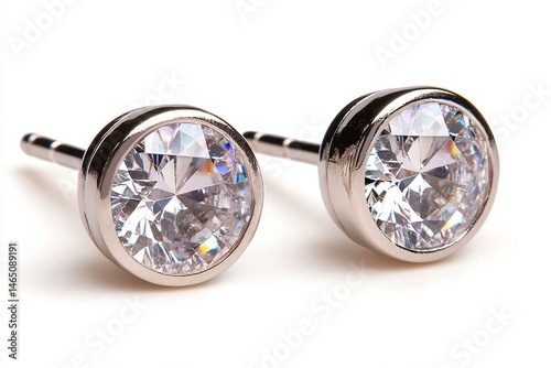 Close up of a pair of silver stud earrings with sparkling round cubic zirconia gemstones on a white background.