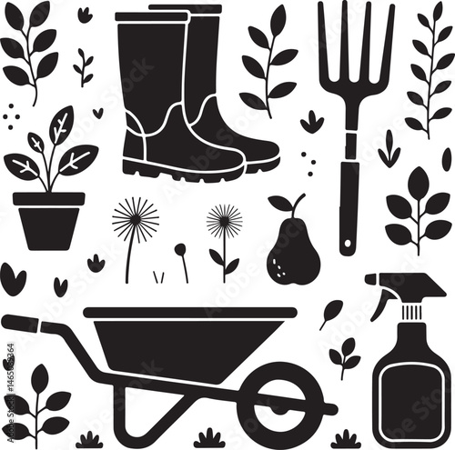Gardener with Watering Can Silhouette

Garden Tools and Plants Vector Design

Woman Planting Flowers Silhouette

Gardening Scene with Raised Beds Art

Spring Garden Work Silhouette