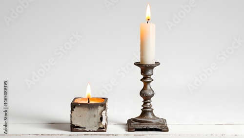 Elegant Candle Arrangement on White Background with Vintage Holder