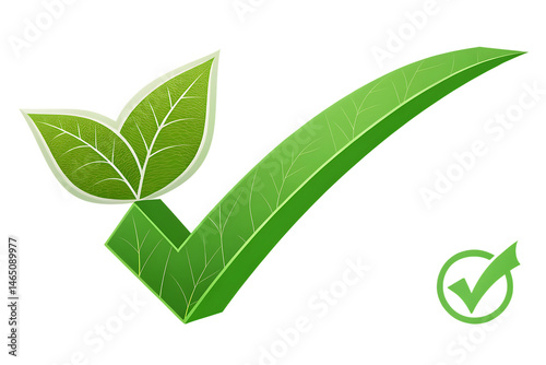 Green check mark with leaves symbolizing approval and environmental correctness on black background